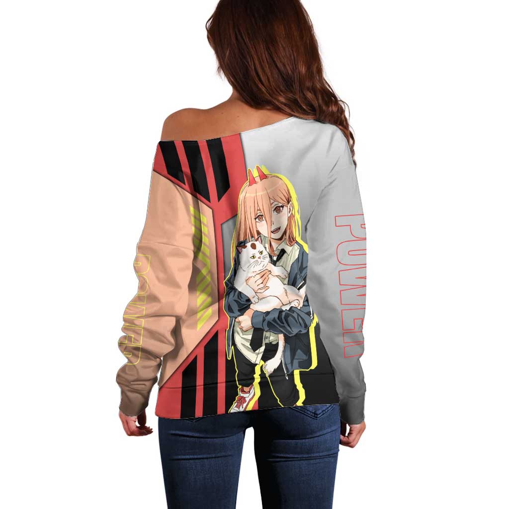 Power from Chainsaw Man Off Shoulder Sweater with Cat in Hand and Stylish Pose Design - The Mazicc