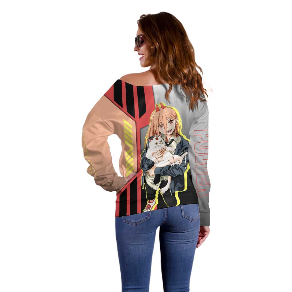 Power from Chainsaw Man Off Shoulder Sweater with Cat in Hand and Stylish Pose Design - The Mazicc