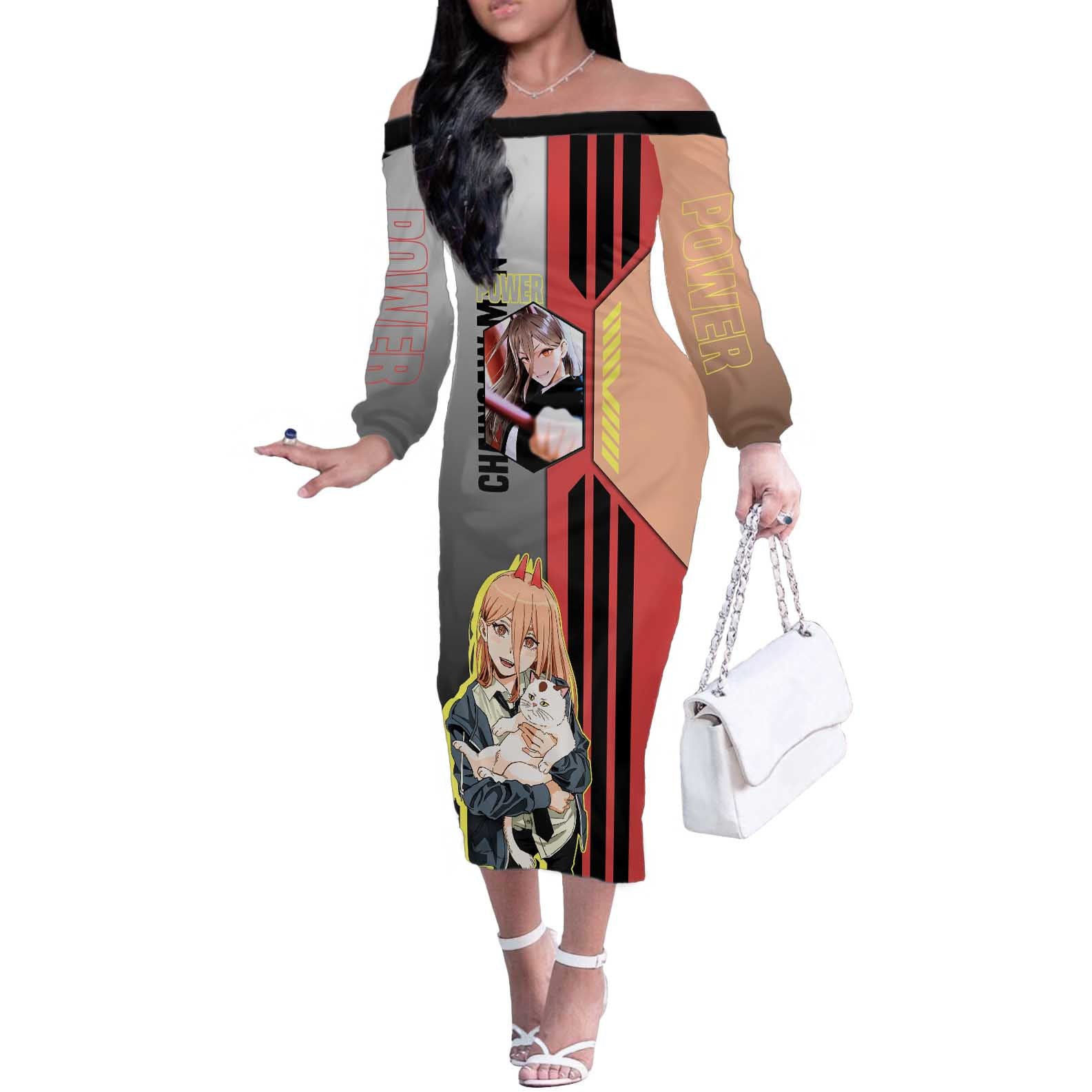Power from Chainsaw Man Off The Shoulder Long Sleeve Dress with Cat in Hand and Stylish Pose Design - The Mazicc