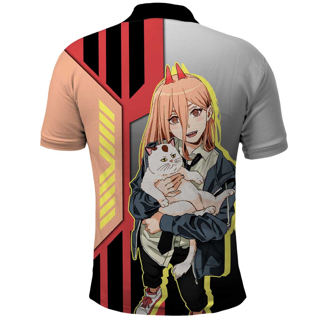 Power from Chainsaw Man Polo Shirt with Cat in Hand and Stylish Pose Design - The Mazicc