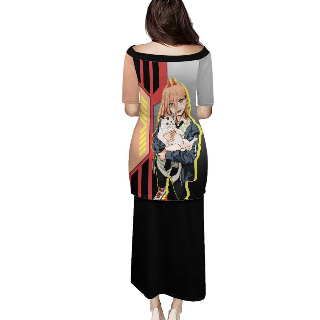 Power from Chainsaw Man Puletasi with Cat in Hand and Stylish Pose Design - The Mazicc