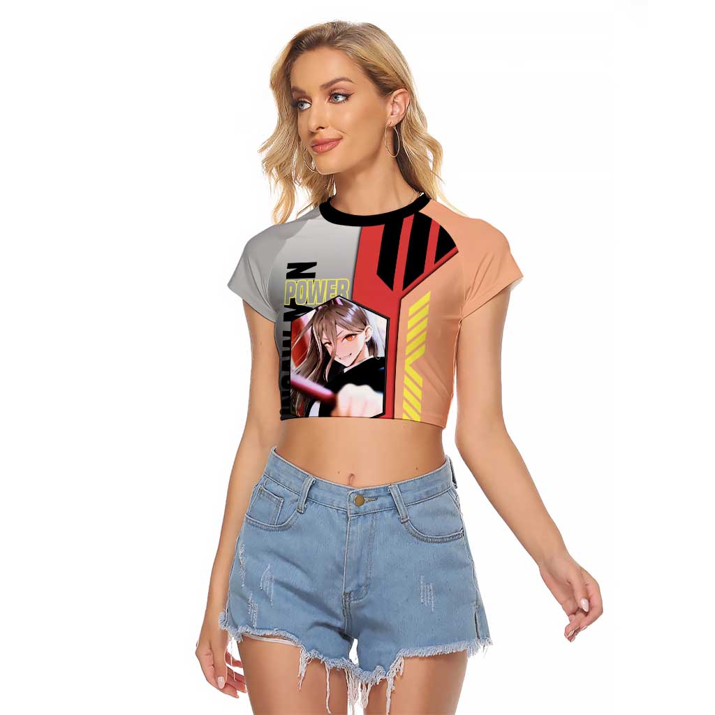 Power from Chainsaw Man Raglan Cropped T Shirt with Cat in Hand and Stylish Pose Design - The Mazicc
