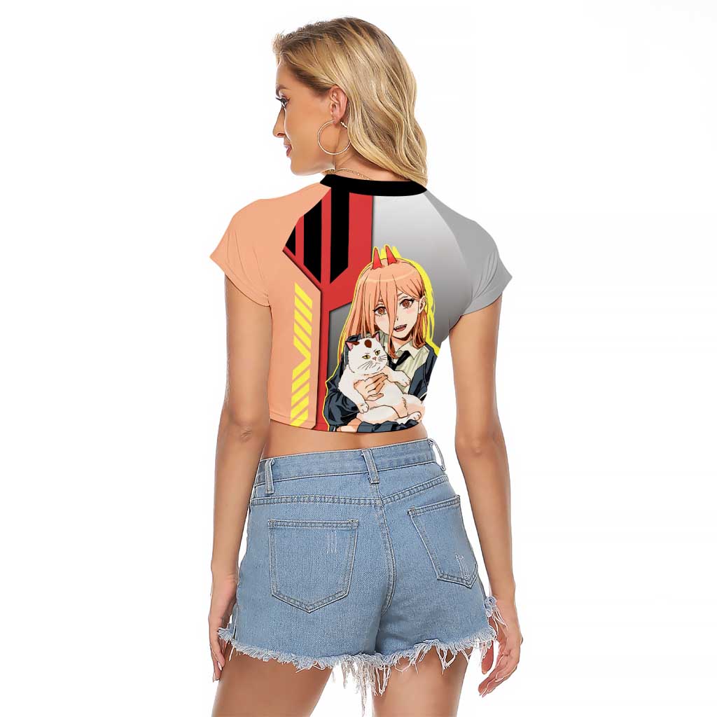 Power from Chainsaw Man Raglan Cropped T Shirt with Cat in Hand and Stylish Pose Design - The Mazicc