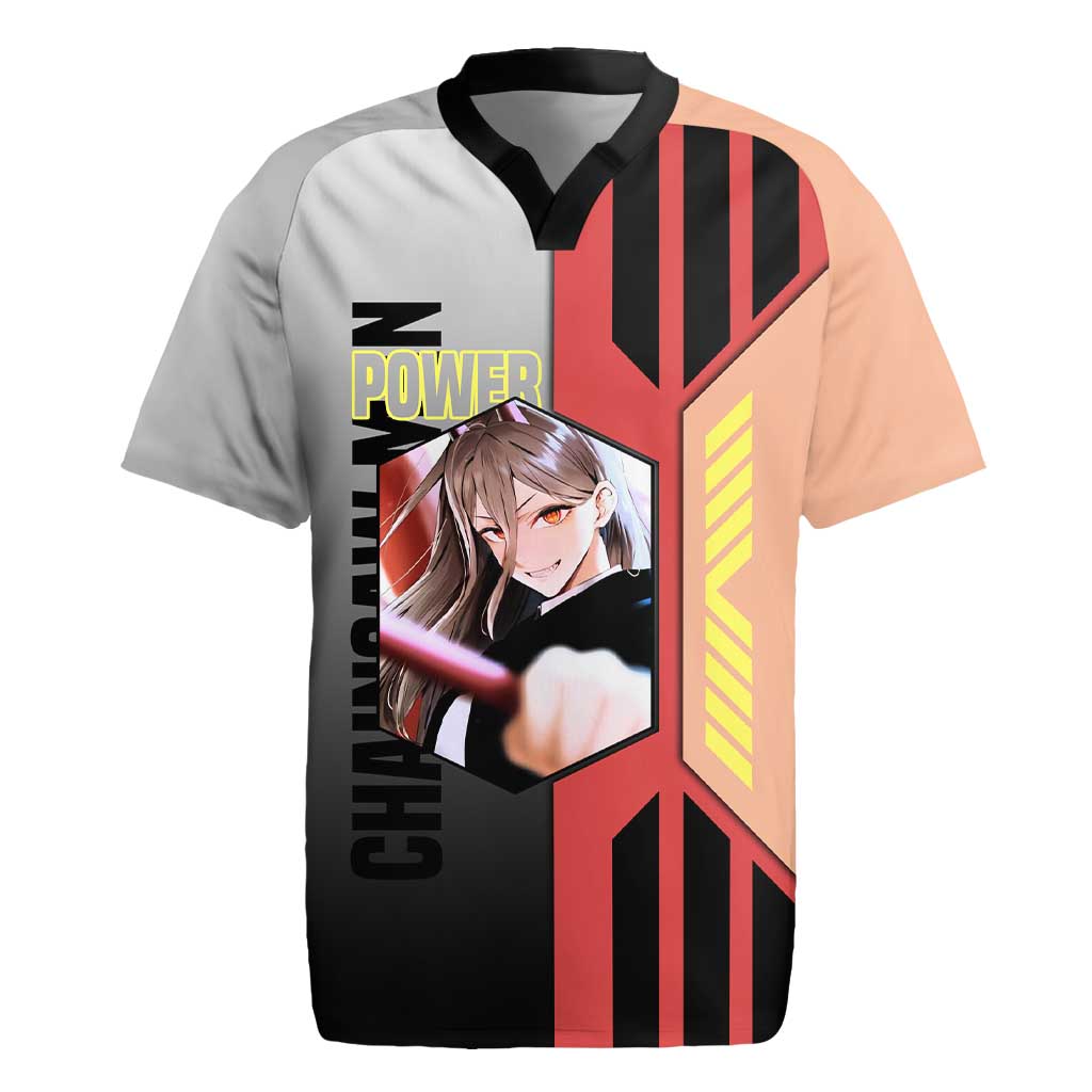 Power from Chainsaw Man Rugby Jersey with Cat in Hand and Stylish Pose Design - The Mazicc