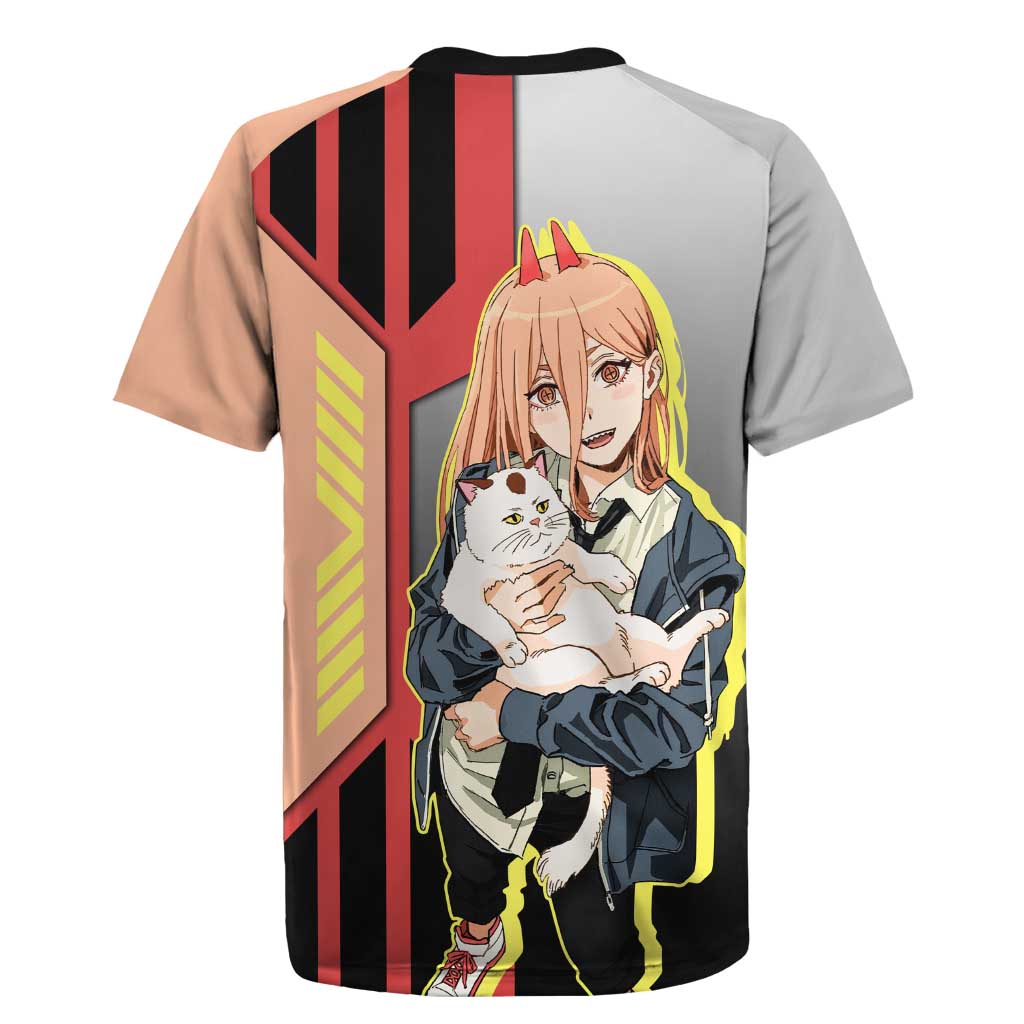 Power from Chainsaw Man Rugby Jersey with Cat in Hand and Stylish Pose Design - The Mazicc