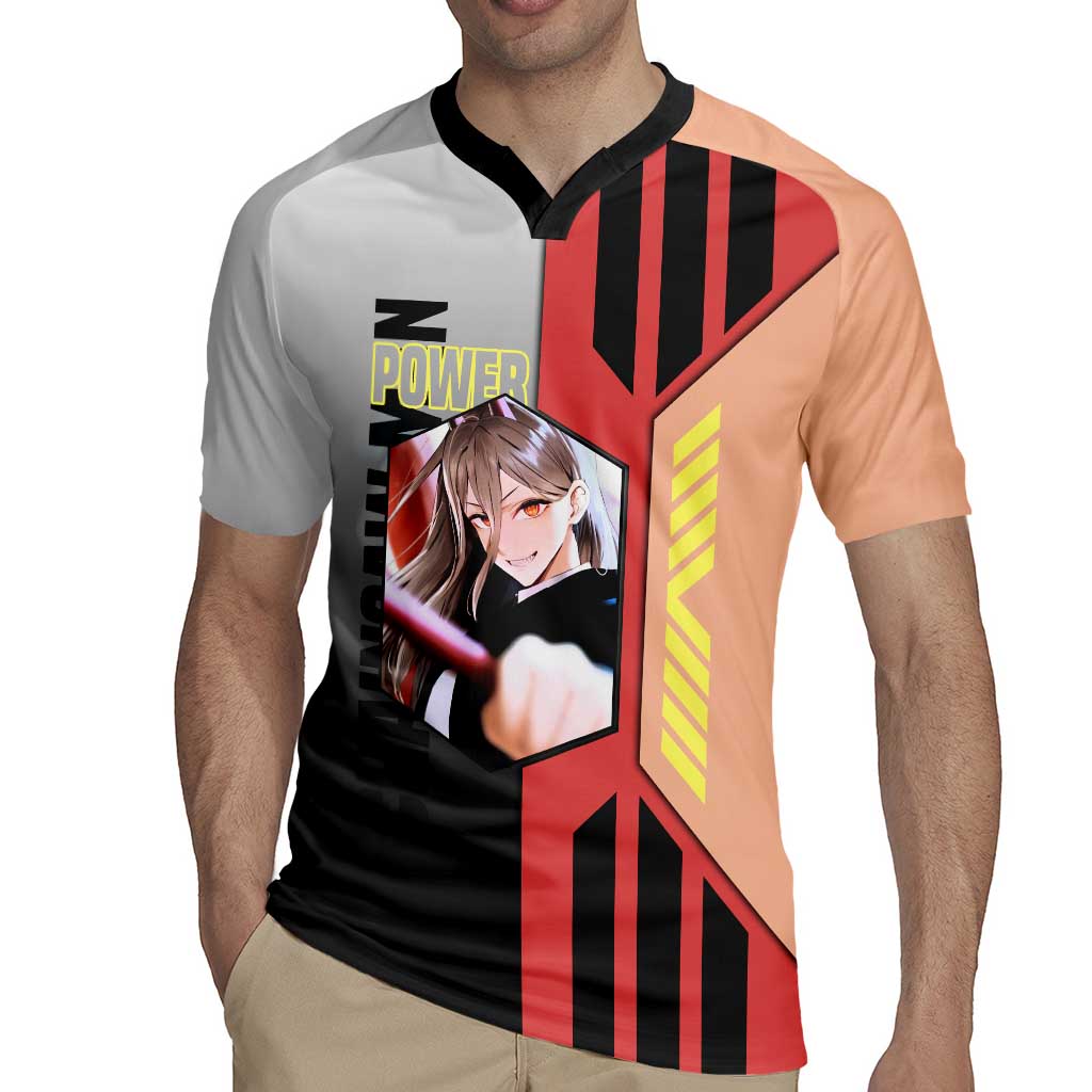 Power from Chainsaw Man Rugby Jersey with Cat in Hand and Stylish Pose Design - The Mazicc