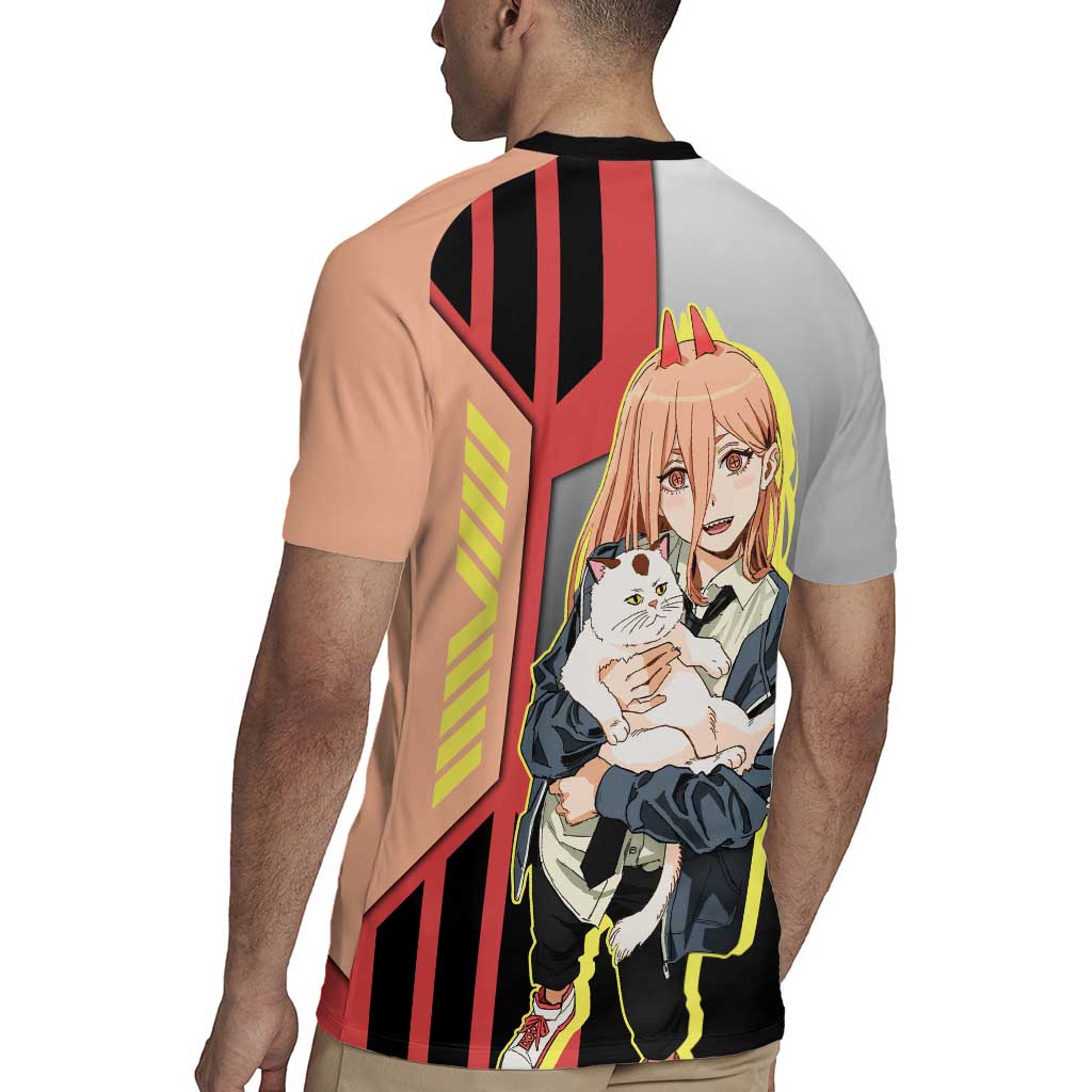 Power from Chainsaw Man Rugby Jersey with Cat in Hand and Stylish Pose Design - The Mazicc