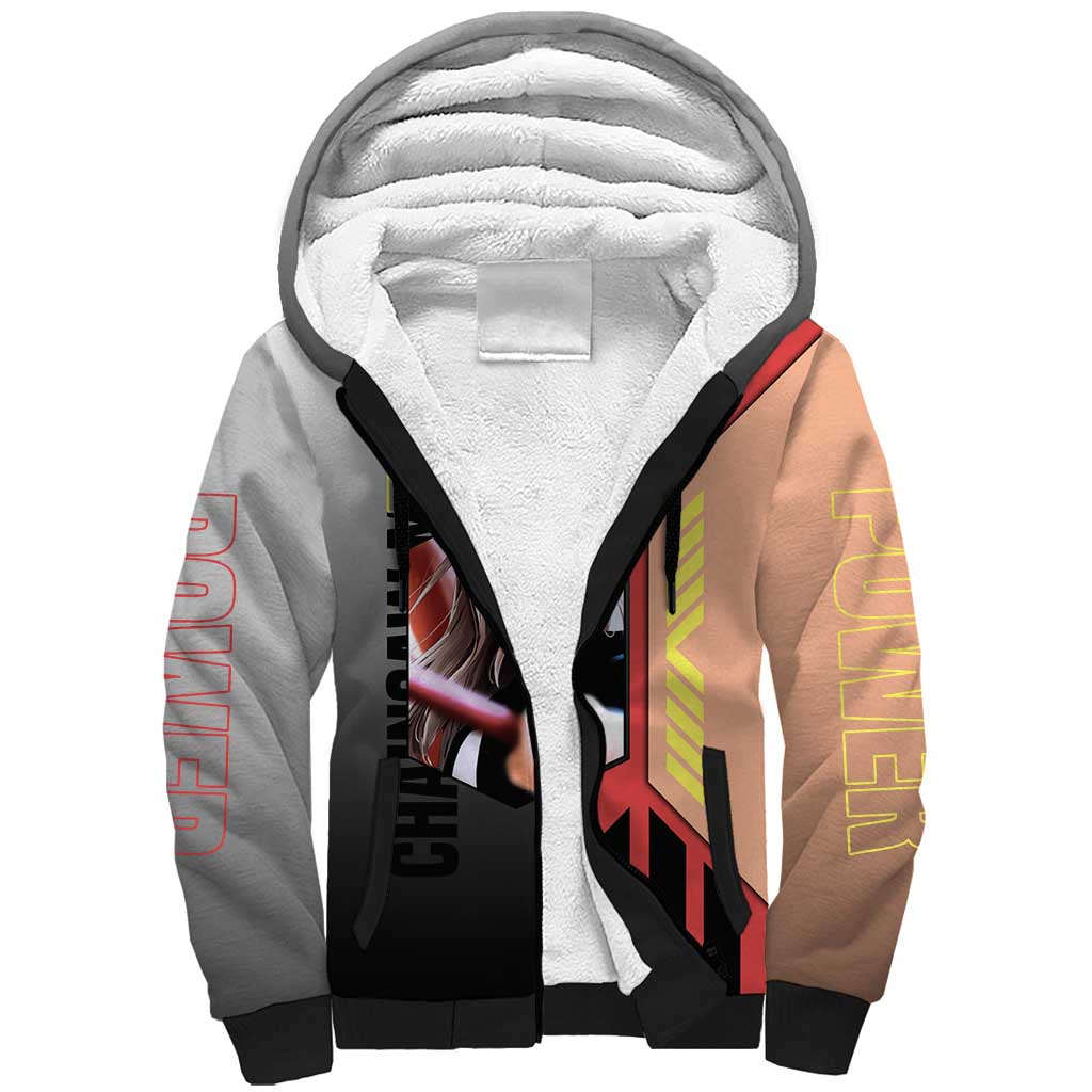 Power from Chainsaw Man Sherpa Hoodie with Cat in Hand and Stylish Pose Design - The Mazicc