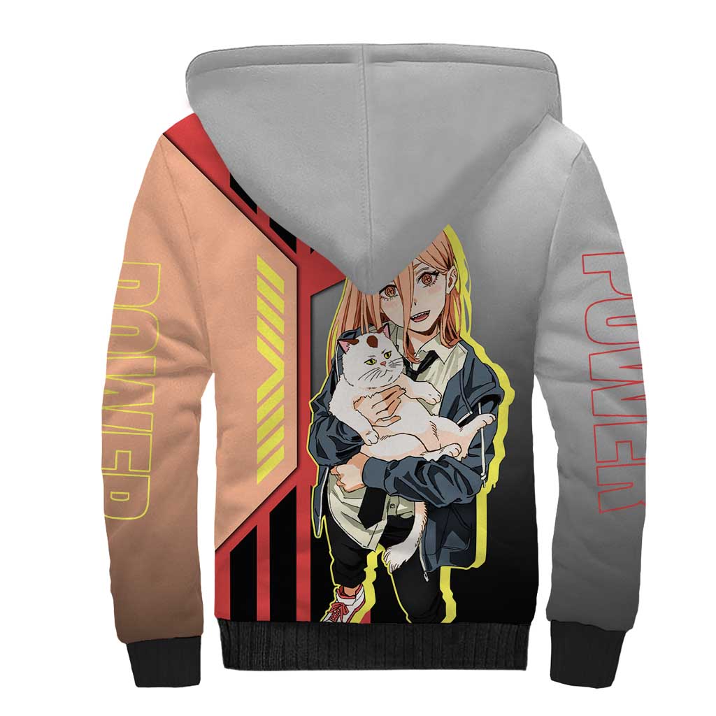 Power from Chainsaw Man Sherpa Hoodie with Cat in Hand and Stylish Pose Design - The Mazicc