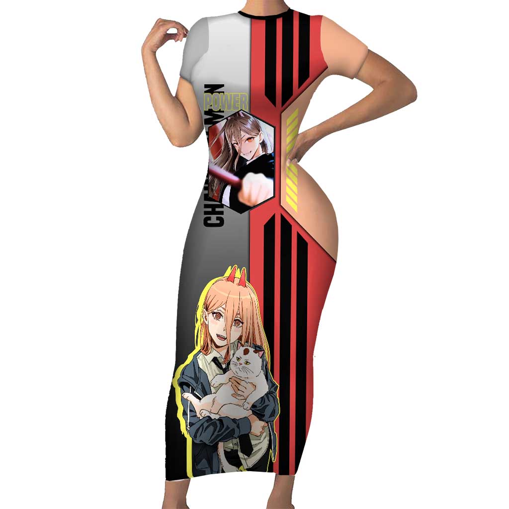 Power from Chainsaw Man Short Sleeve Bodycon Dress with Cat in Hand and Stylish Pose Design - The Mazicc