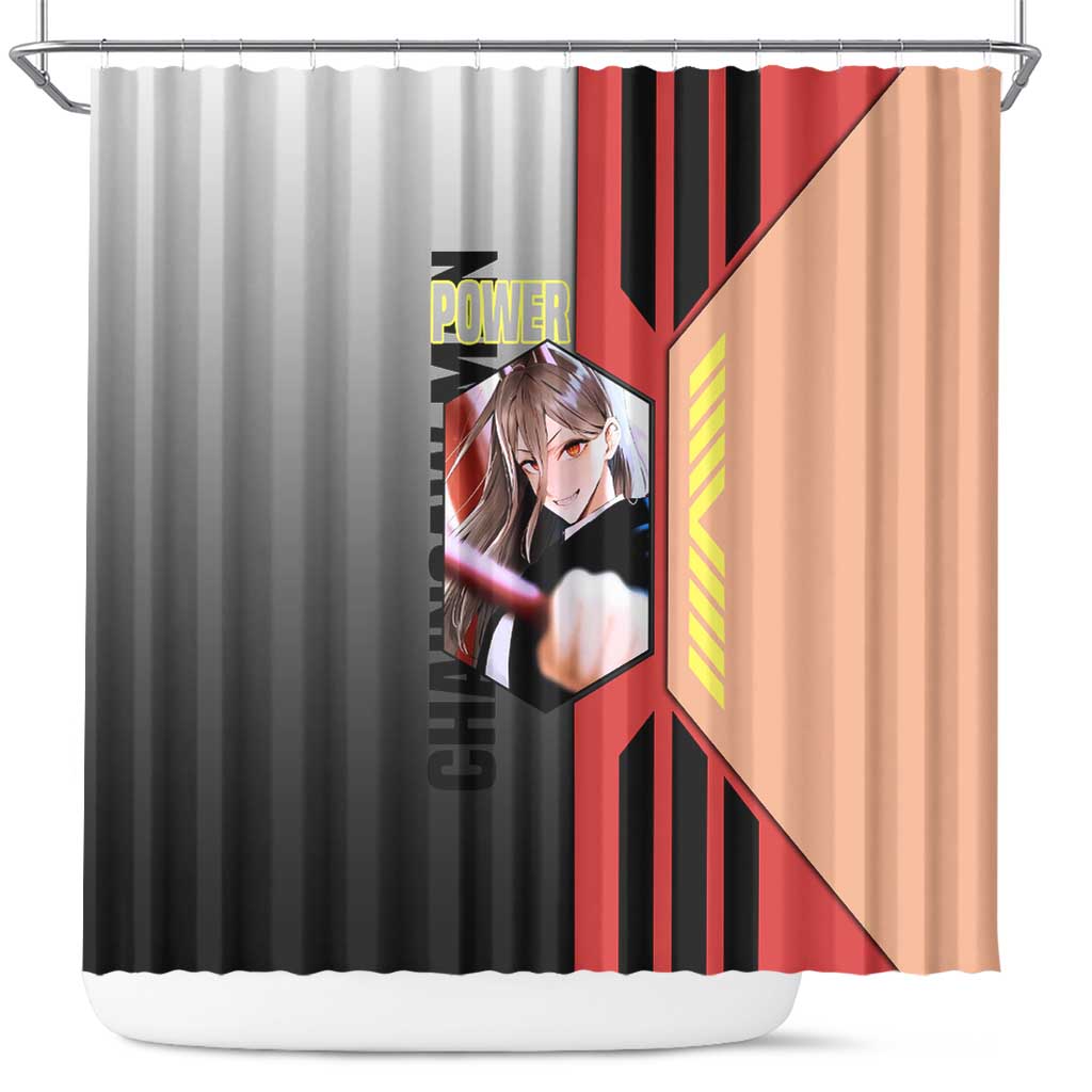 Power from Chainsaw Man Shower Curtain with Cat in Hand and Stylish Pose Design - The Mazicc