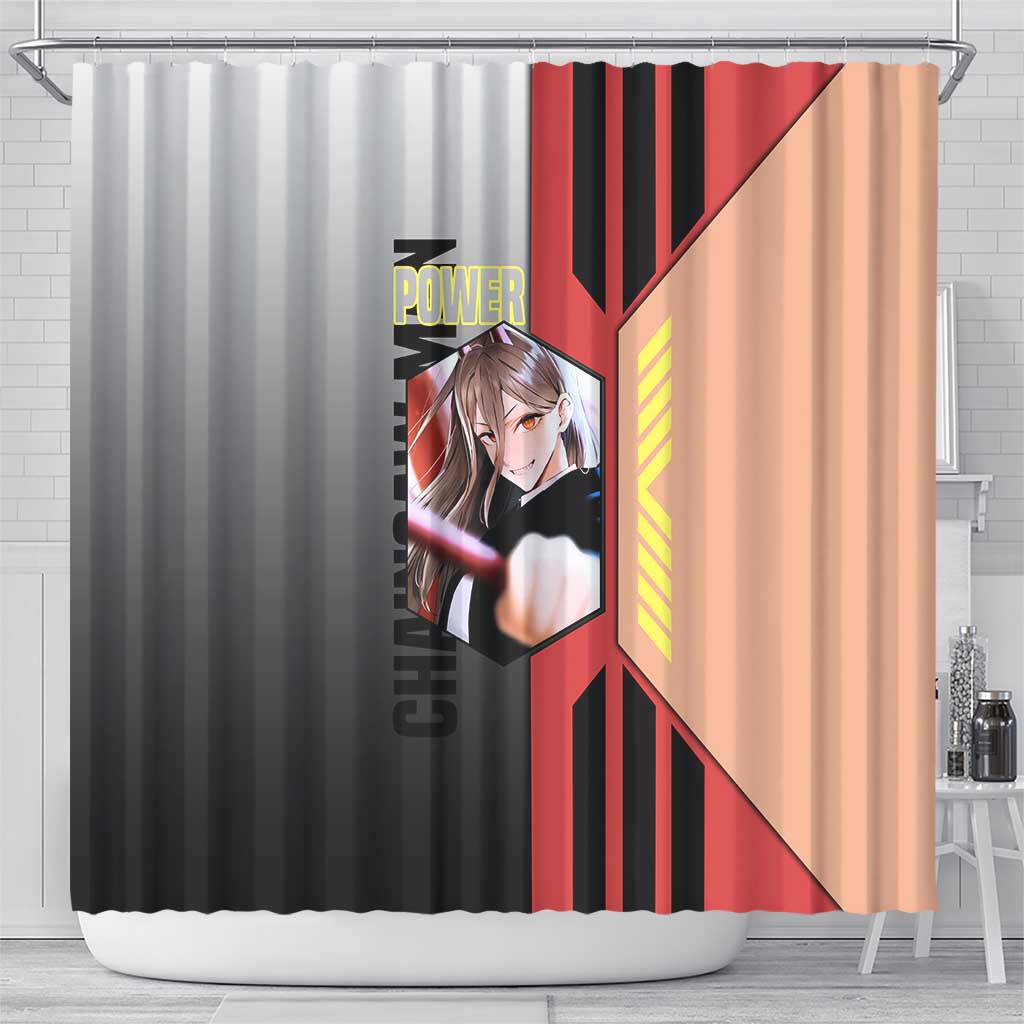 Power from Chainsaw Man Shower Curtain with Cat in Hand and Stylish Pose Design - The Mazicc