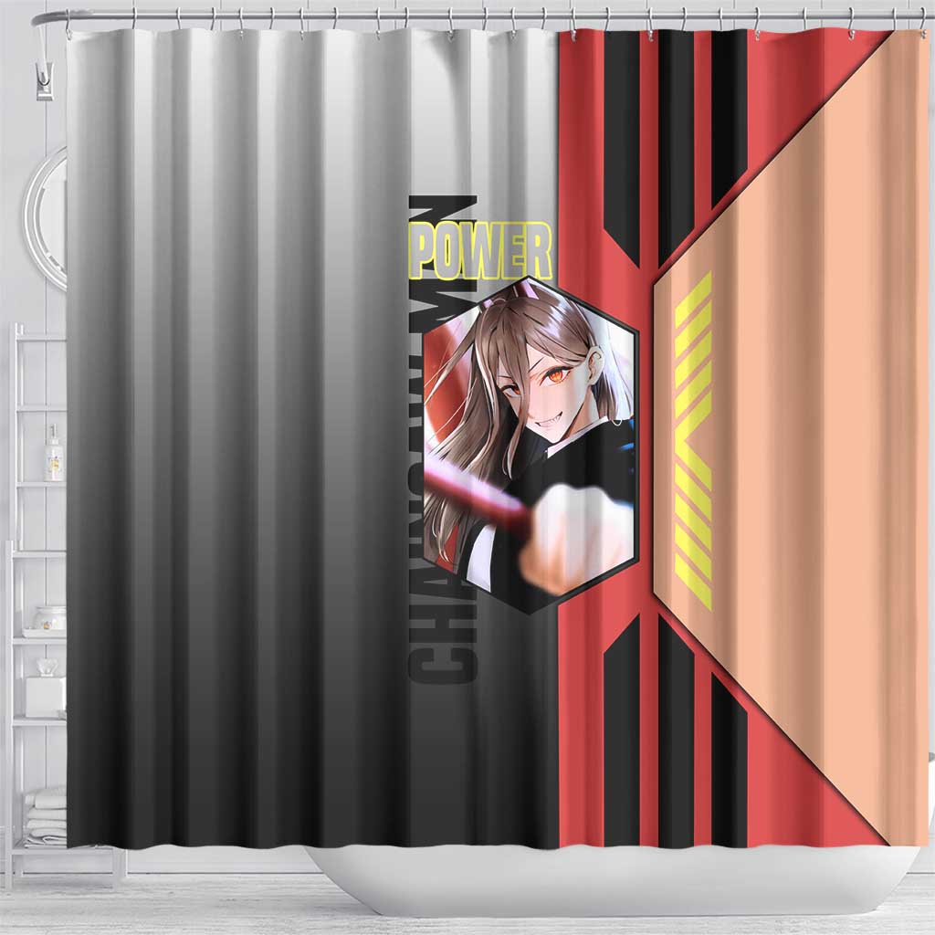 Power from Chainsaw Man Shower Curtain with Cat in Hand and Stylish Pose Design - The Mazicc
