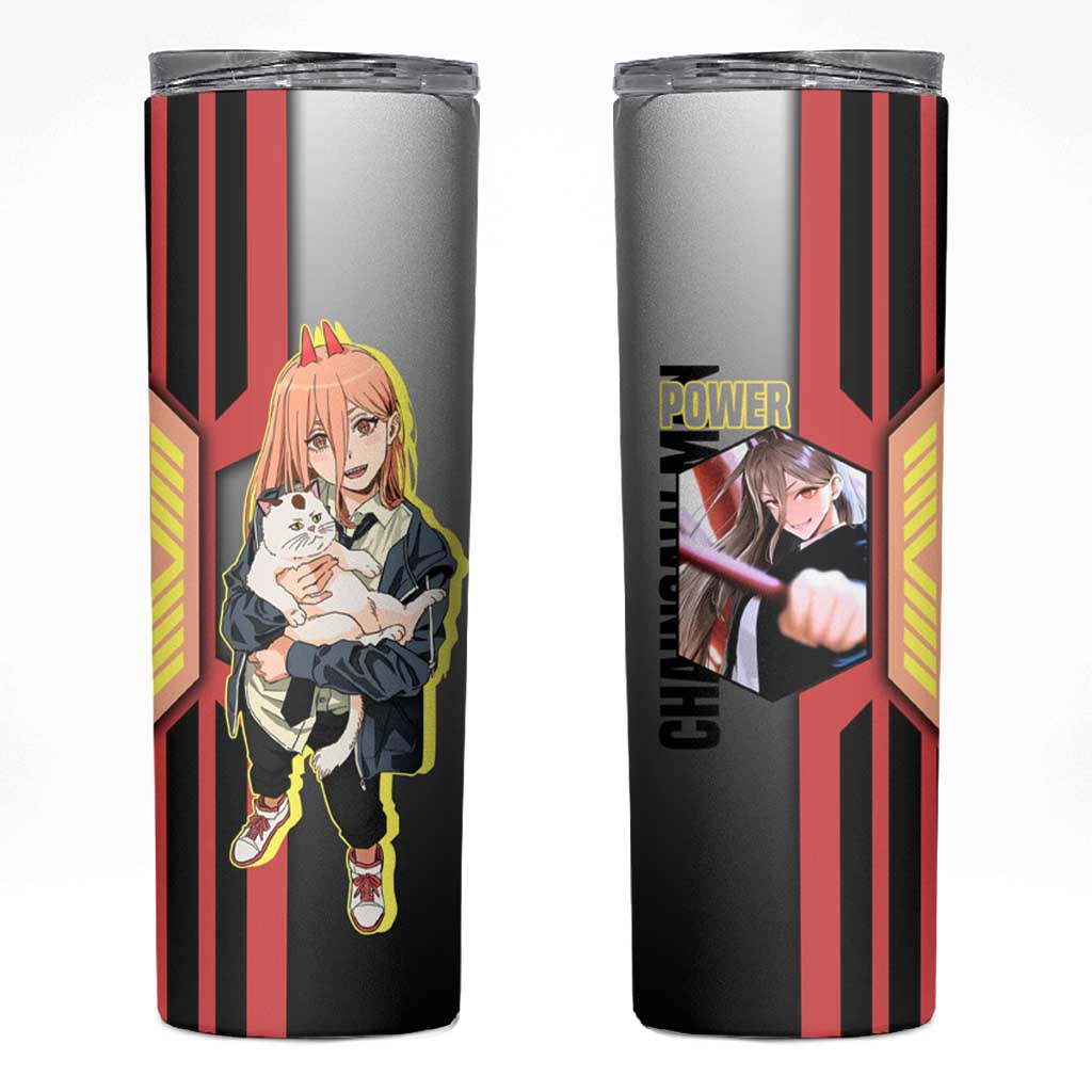 Power from Chainsaw Man Skinny Tumbler with Cat in Hand and Stylish Pose Design - The Mazicc