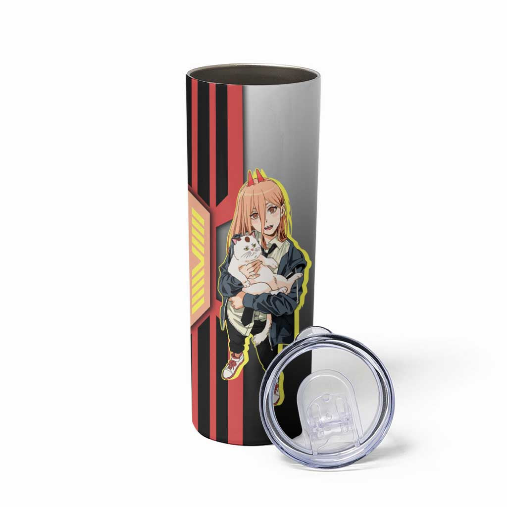 Power from Chainsaw Man Skinny Tumbler with Cat in Hand and Stylish Pose Design - The Mazicc