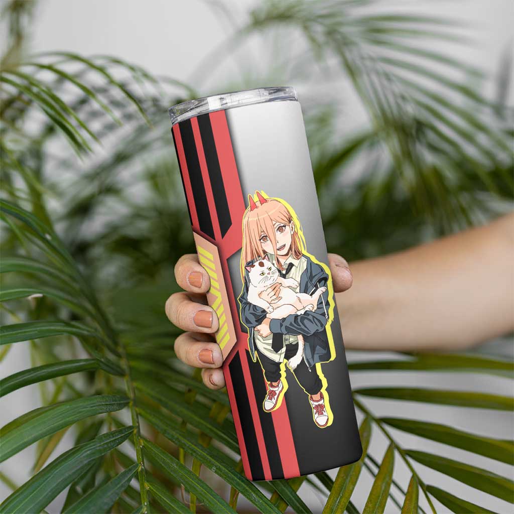 Power from Chainsaw Man Skinny Tumbler with Cat in Hand and Stylish Pose Design - The Mazicc