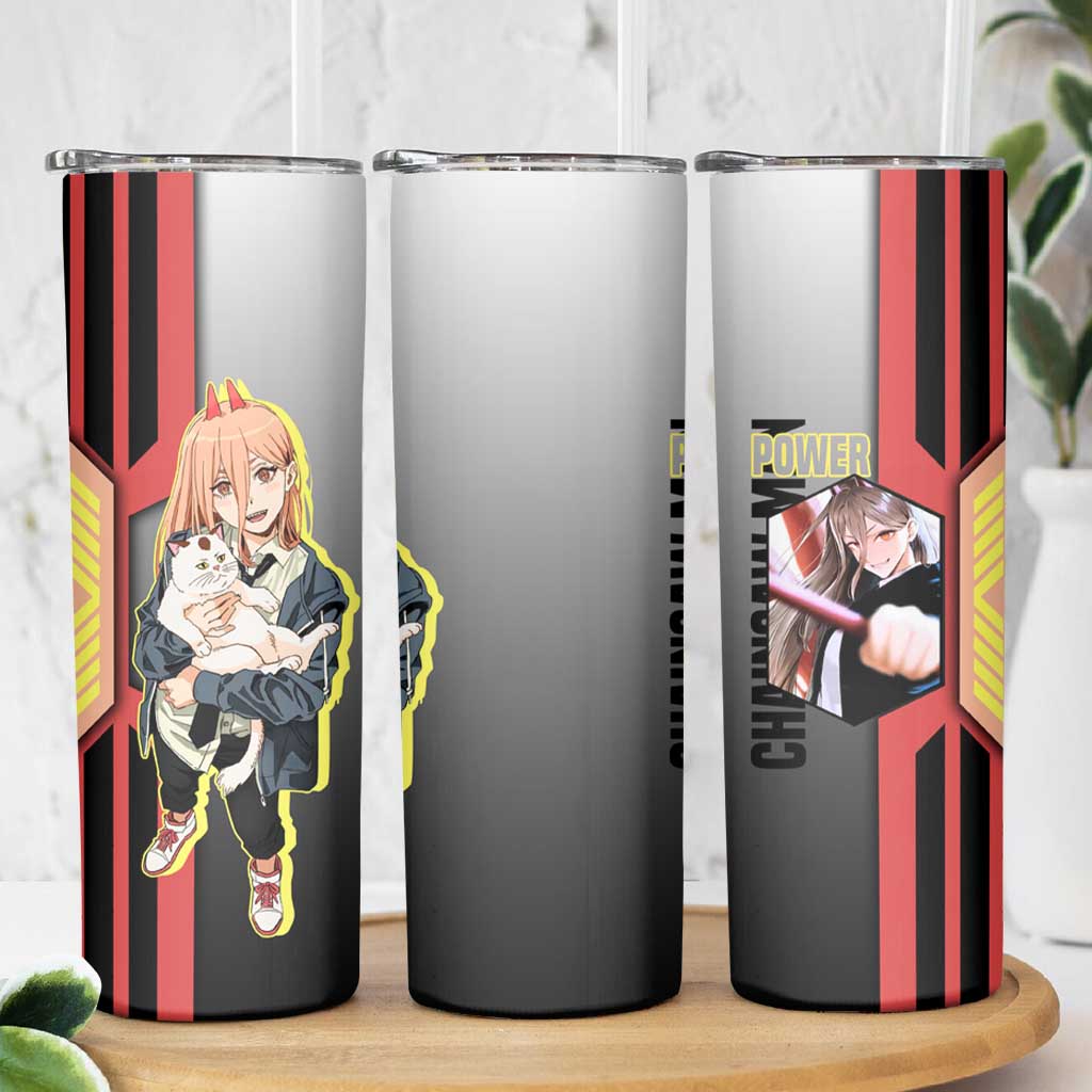 Power from Chainsaw Man Skinny Tumbler with Cat in Hand and Stylish Pose Design - The Mazicc