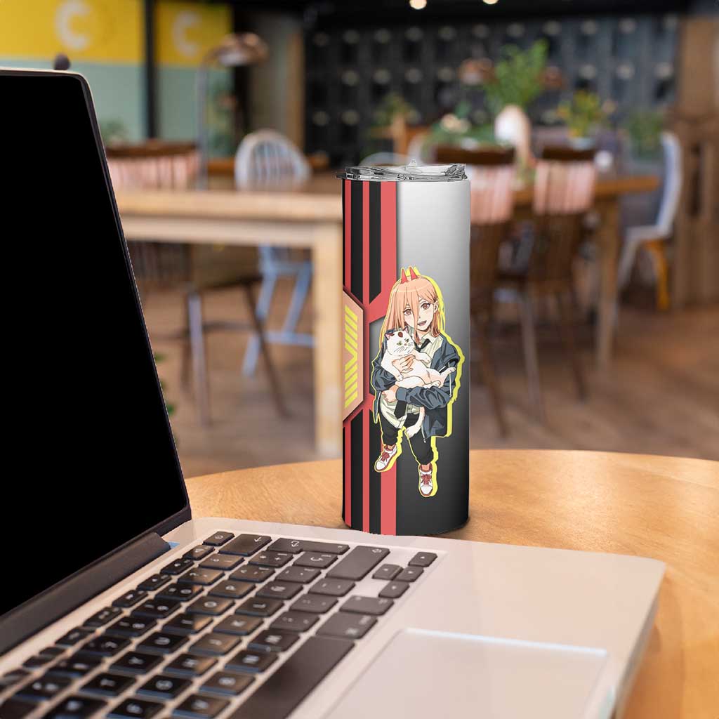 Power from Chainsaw Man Skinny Tumbler with Cat in Hand and Stylish Pose Design - The Mazicc