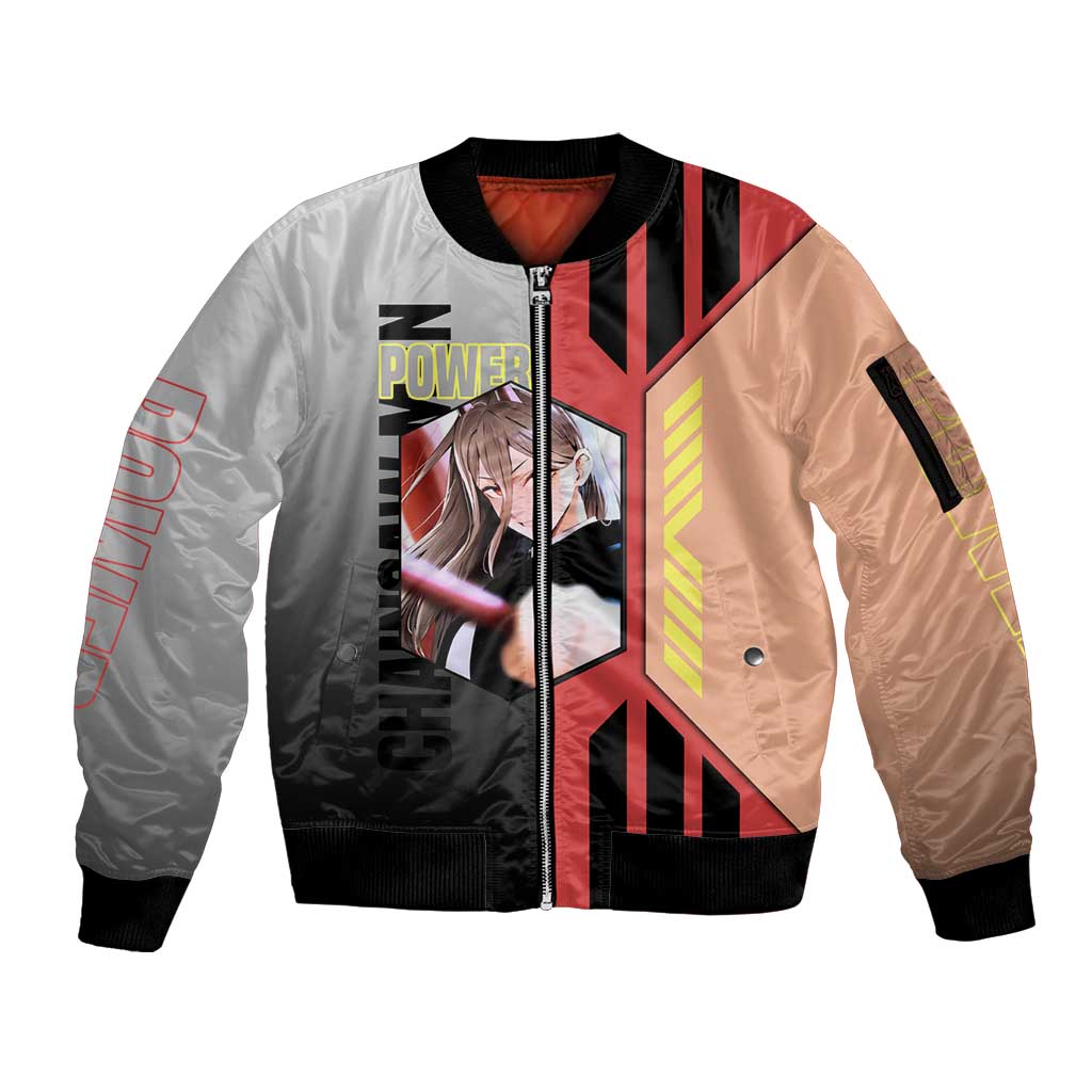 Power from Chainsaw Man Sleeve Zip Bomber Jacket with Cat in Hand and Stylish Pose Design - The Mazicc