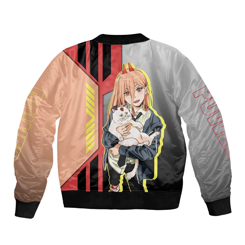 Power from Chainsaw Man Sleeve Zip Bomber Jacket with Cat in Hand and Stylish Pose Design - The Mazicc