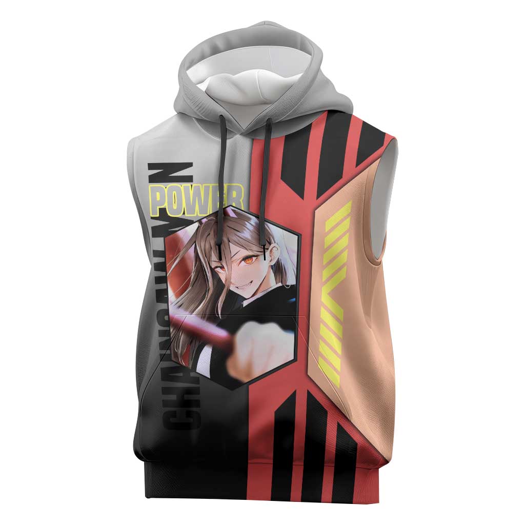 Power from Chainsaw Man Sleeveless Hoodie with Cat in Hand and Stylish Pose Design - The Mazicc