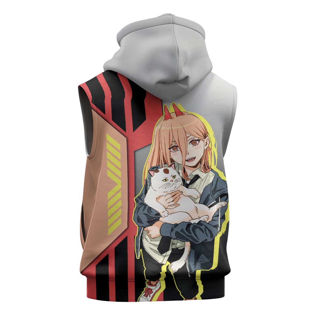 Power from Chainsaw Man Sleeveless Hoodie with Cat in Hand and Stylish Pose Design - The Mazicc