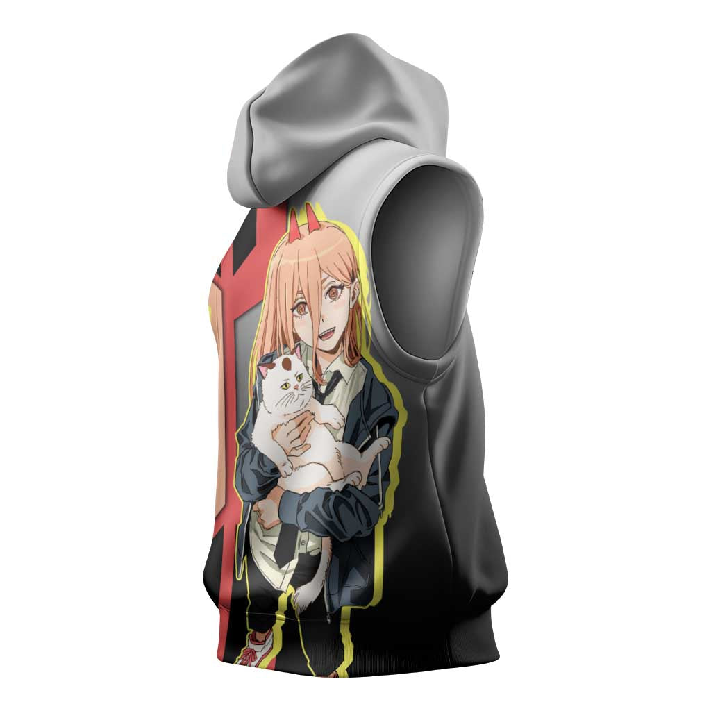 Power from Chainsaw Man Sleeveless Hoodie with Cat in Hand and Stylish Pose Design - The Mazicc