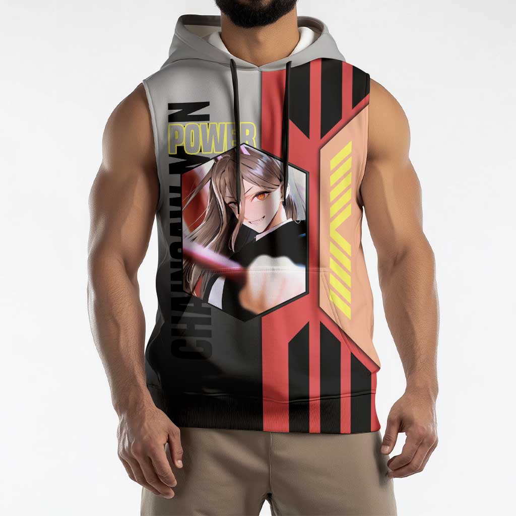 Power from Chainsaw Man Sleeveless Hoodie with Cat in Hand and Stylish Pose Design - The Mazicc