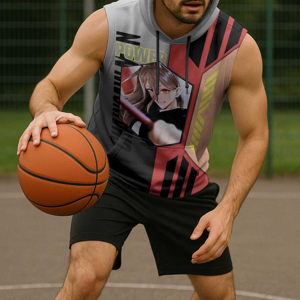Power from Chainsaw Man Sleeveless Hoodie with Cat in Hand and Stylish Pose Design - The Mazicc