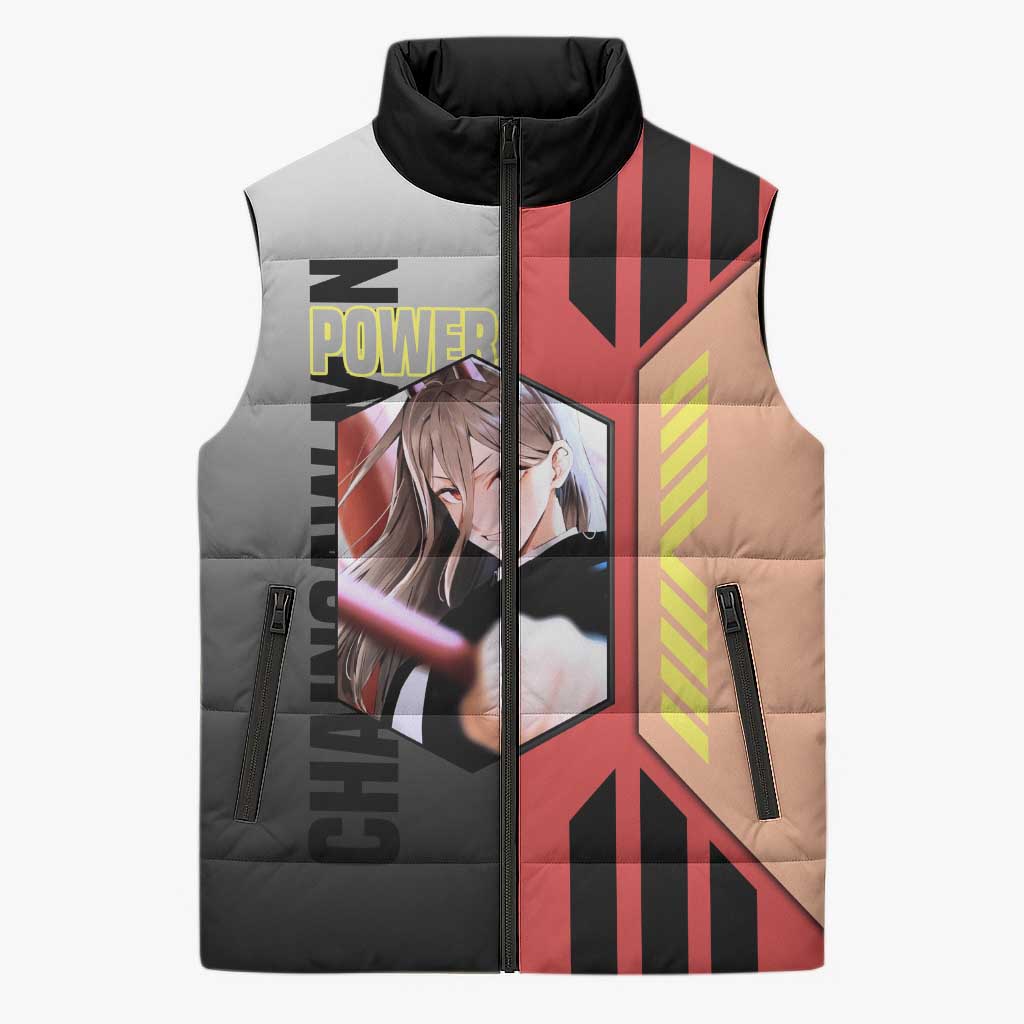 Power from Chainsaw Man Sleeveless Puffer Jacket with Cat in Hand and Stylish Pose Design - The Mazicc