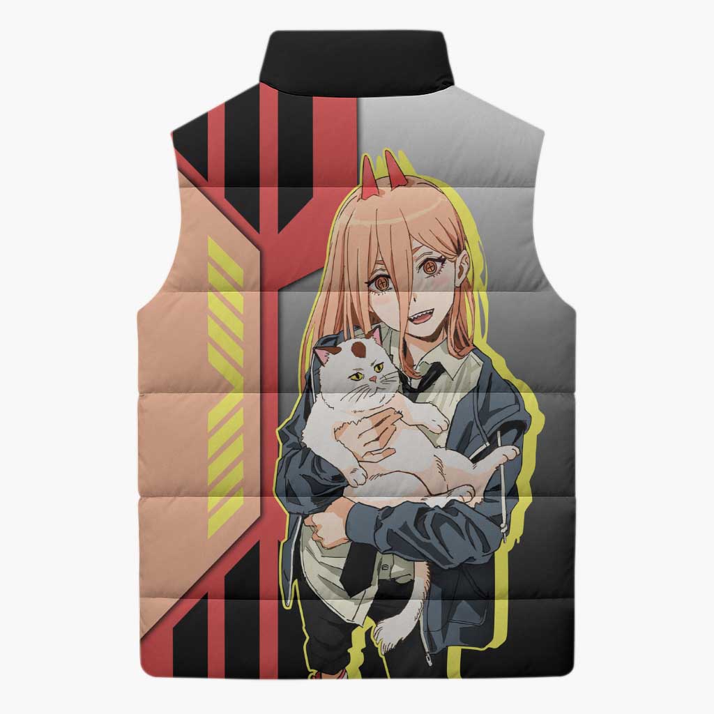 Power from Chainsaw Man Sleeveless Puffer Jacket with Cat in Hand and Stylish Pose Design - The Mazicc