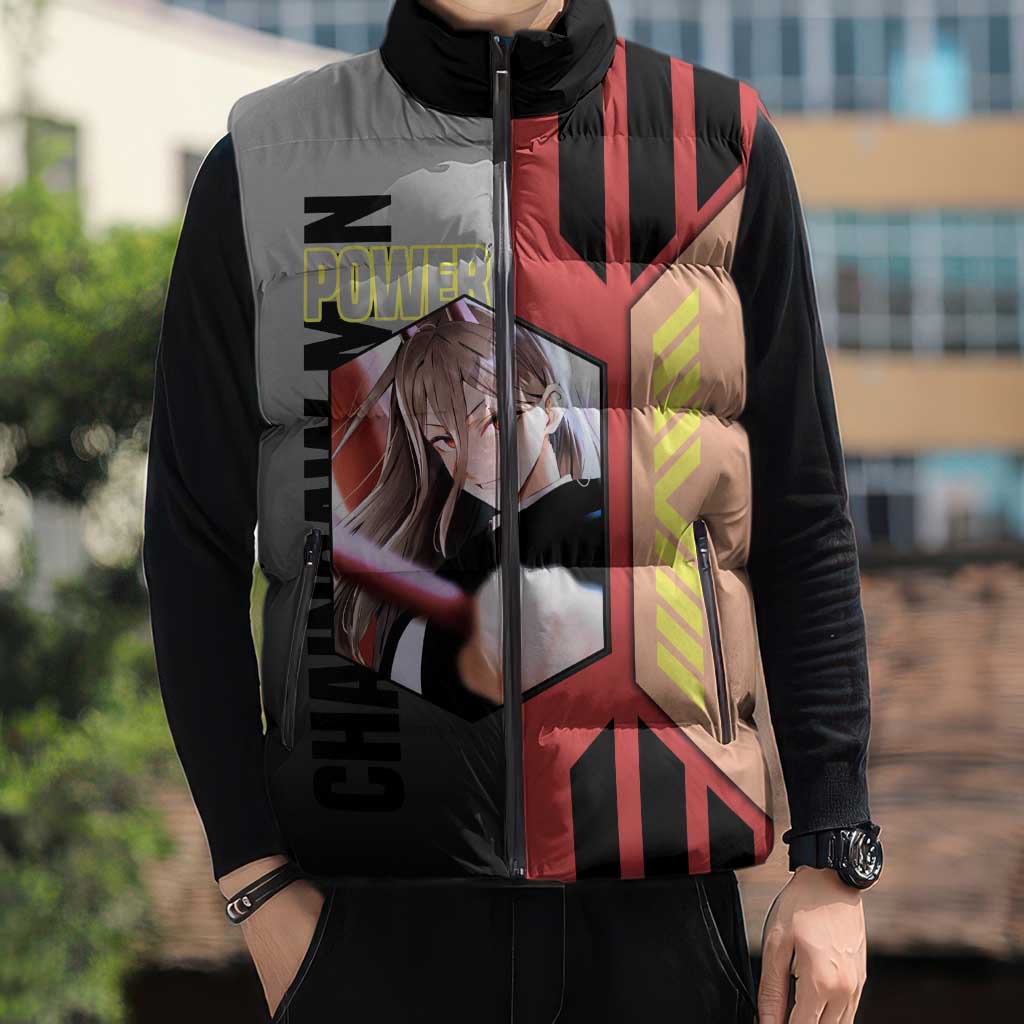 Power from Chainsaw Man Sleeveless Puffer Jacket with Cat in Hand and Stylish Pose Design - The Mazicc