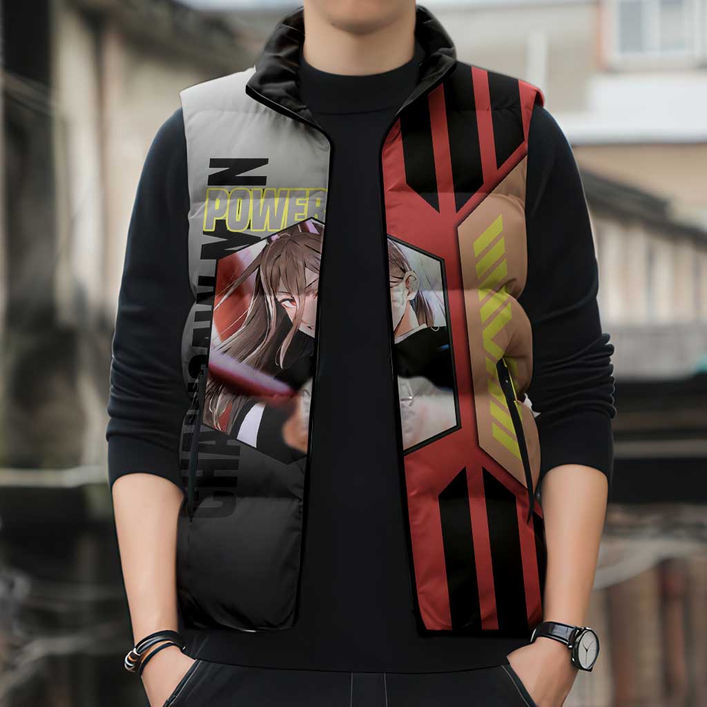 Power from Chainsaw Man Sleeveless Puffer Jacket with Cat in Hand and Stylish Pose Design - The Mazicc