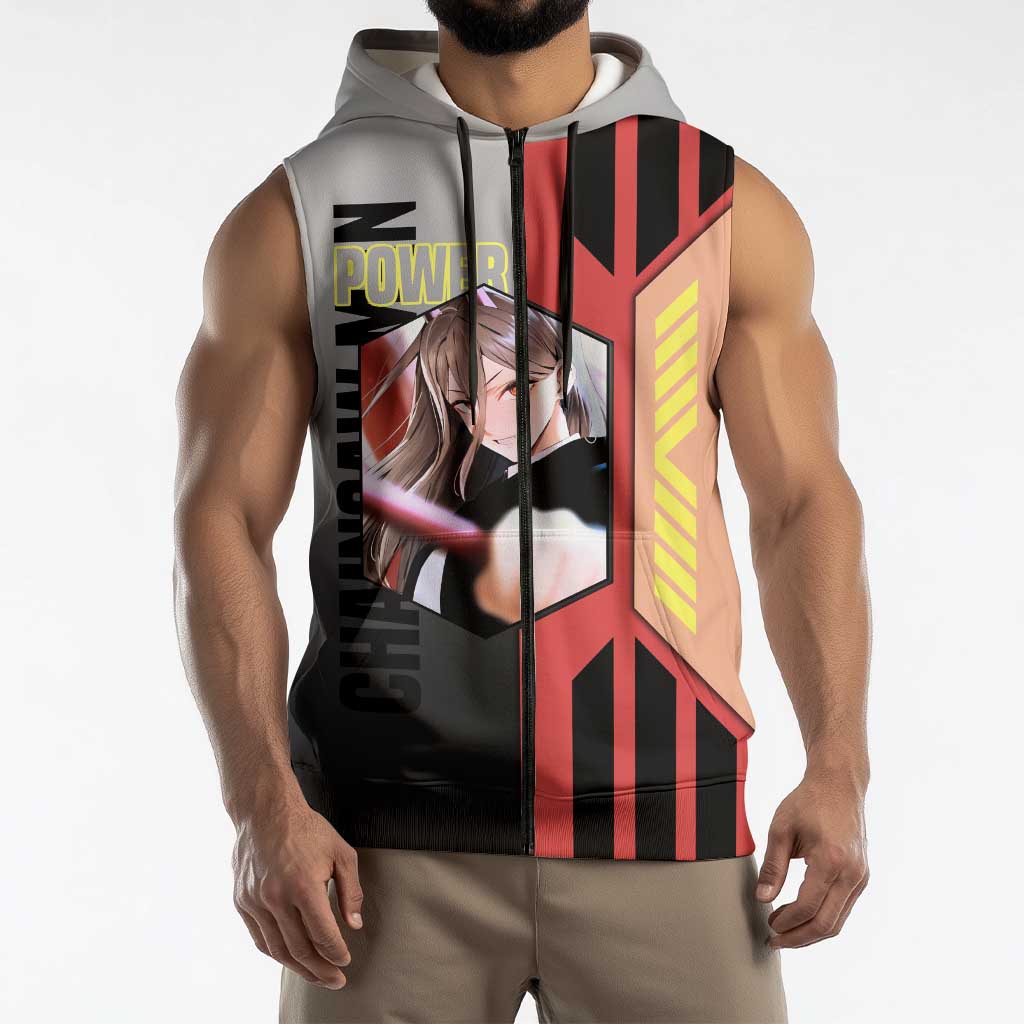 Power from Chainsaw Man Sleeveless Zip Hoodie with Cat in Hand and Stylish Pose Design - The Mazicc