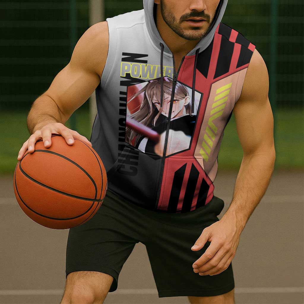 Power from Chainsaw Man Sleeveless Zip Hoodie with Cat in Hand and Stylish Pose Design - The Mazicc