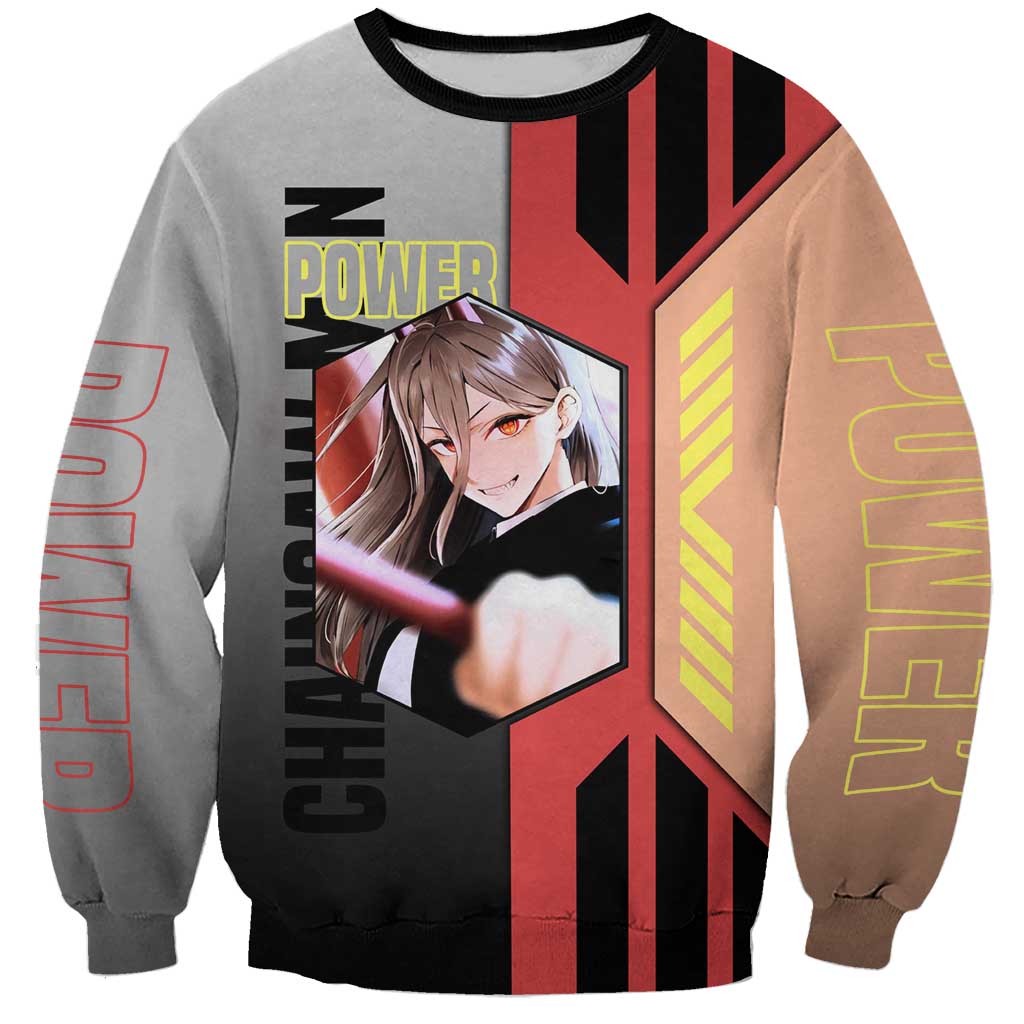 Power from Chainsaw Man Sweatshirt with Cat in Hand and Stylish Pose Design - The Mazicc