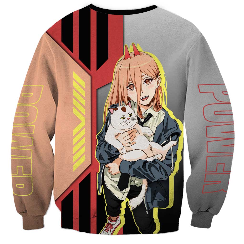 Power from Chainsaw Man Sweatshirt with Cat in Hand and Stylish Pose Design - The Mazicc
