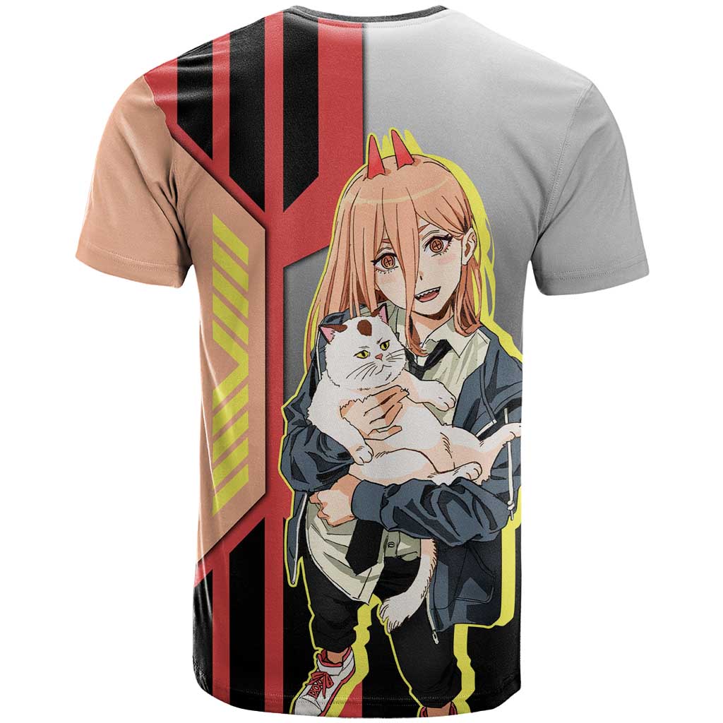 Power from Chainsaw Man T Shirt with Cat in Hand and Stylish Pose Design - The Mazicc