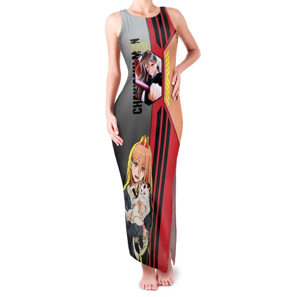 Power from Chainsaw Man Tank Maxi Dress with Cat in Hand and Stylish Pose Design - The Mazicc