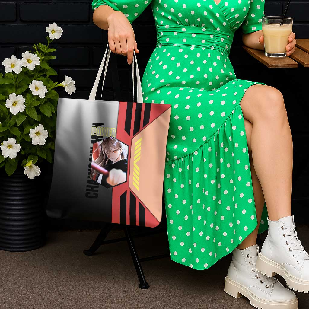 Power from Chainsaw Man Tote Bag with Cat in Hand and Stylish Pose Design - The Mazicc