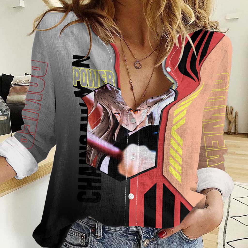 Power from Chainsaw Man Women Casual Shirt with Cat in Hand and Stylish Pose Design - The Mazicc