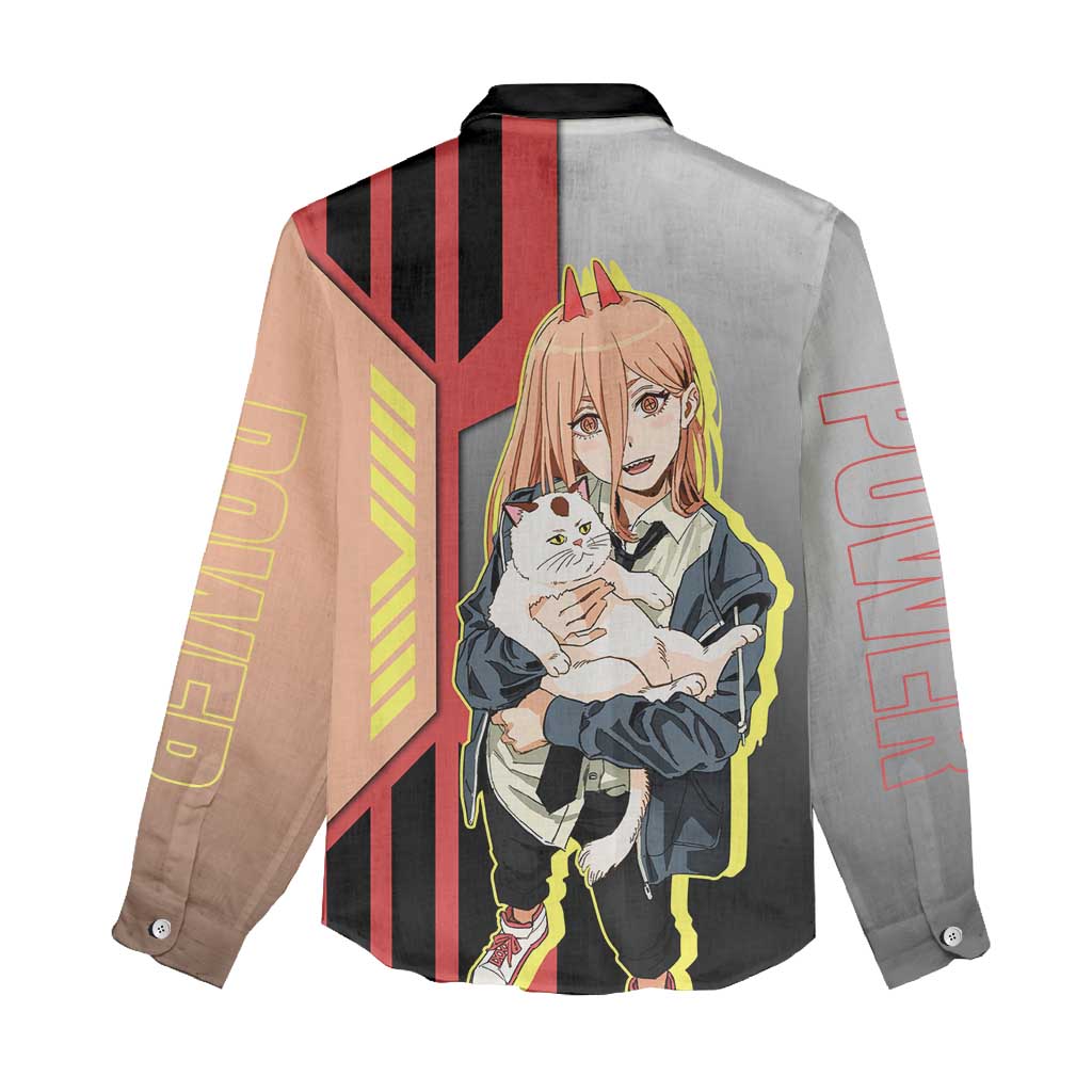 Power from Chainsaw Man Women Casual Shirt with Cat in Hand and Stylish Pose Design - The Mazicc