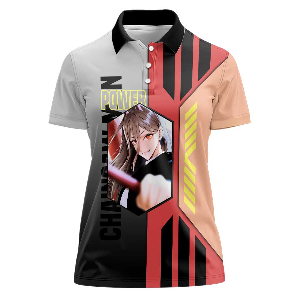 Power from Chainsaw Man Women Polo Shirt with Cat in Hand and Stylish Pose Design - The Mazicc