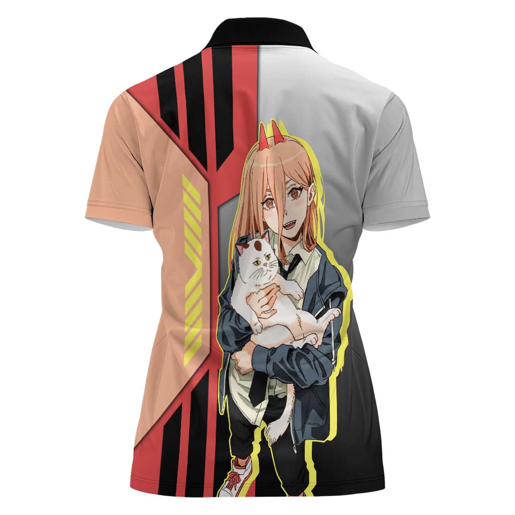 Power from Chainsaw Man Women Polo Shirt with Cat in Hand and Stylish Pose Design - The Mazicc