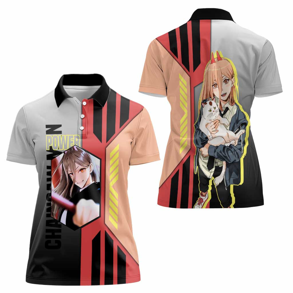 Power from Chainsaw Man Women Polo Shirt with Cat in Hand and Stylish Pose Design - The Mazicc