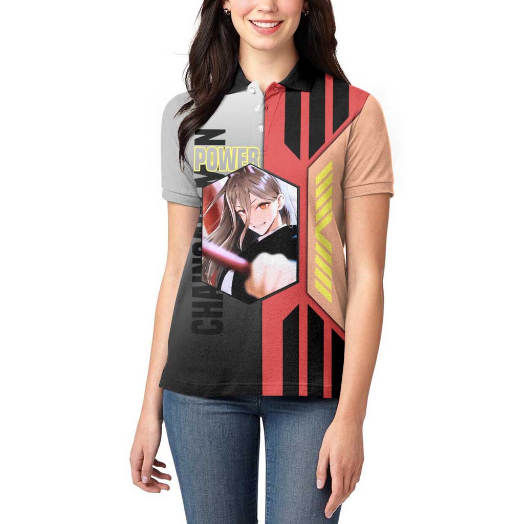 Power from Chainsaw Man Women Polo Shirt with Cat in Hand and Stylish Pose Design - The Mazicc