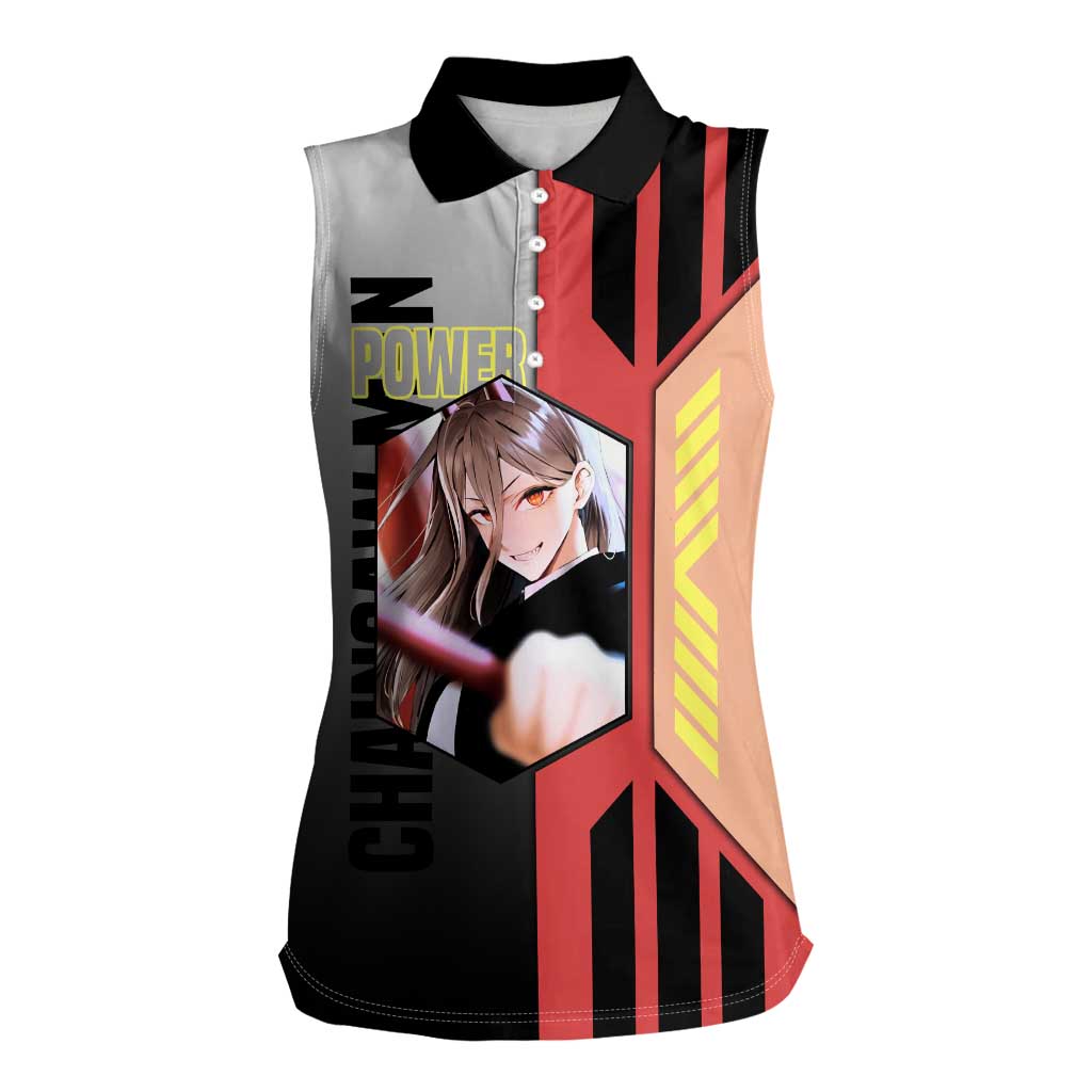 Power from Chainsaw Man Women Sleeveless Polo Shirt with Cat in Hand and Stylish Pose Design - The Mazicc