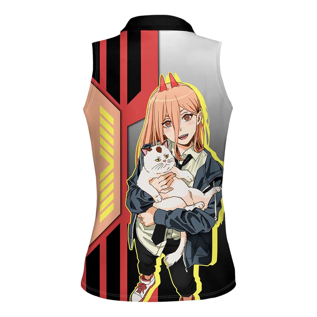 Power from Chainsaw Man Women Sleeveless Polo Shirt with Cat in Hand and Stylish Pose Design - The Mazicc