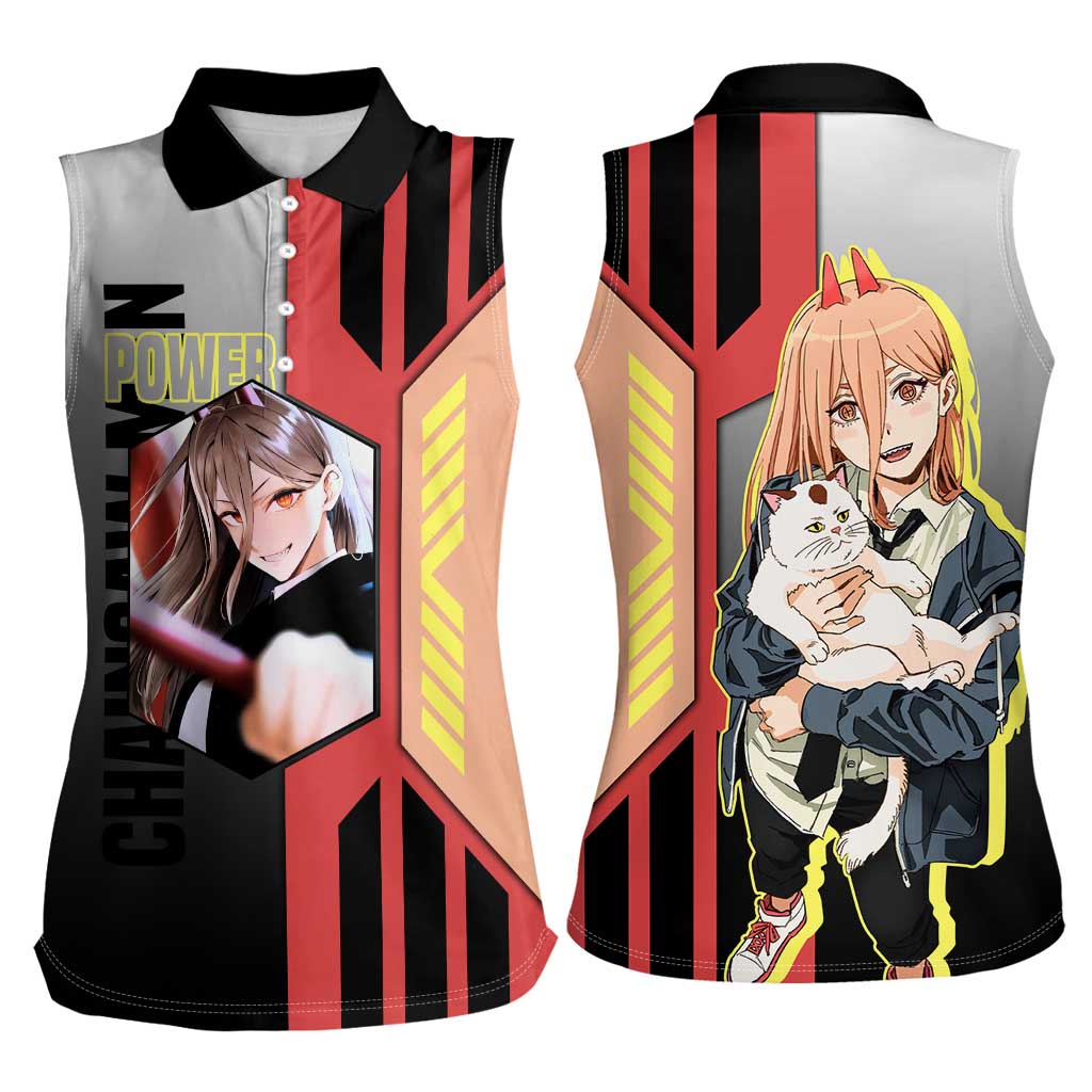 Power from Chainsaw Man Women Sleeveless Polo Shirt with Cat in Hand and Stylish Pose Design - The Mazicc