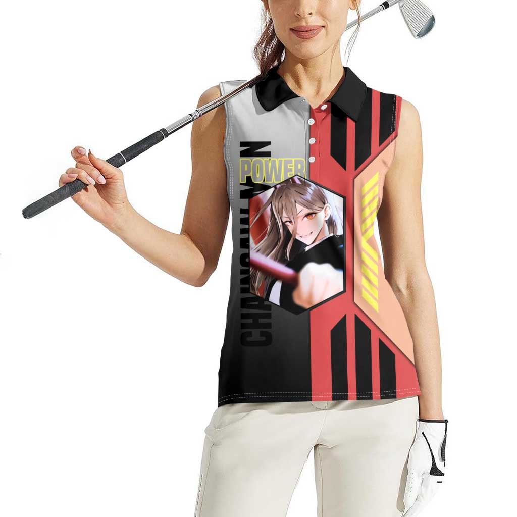 Power from Chainsaw Man Women Sleeveless Polo Shirt with Cat in Hand and Stylish Pose Design - The Mazicc